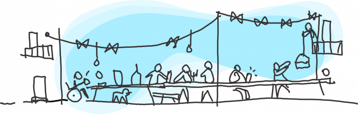 A sketch of a conversation around a table, during a party. 