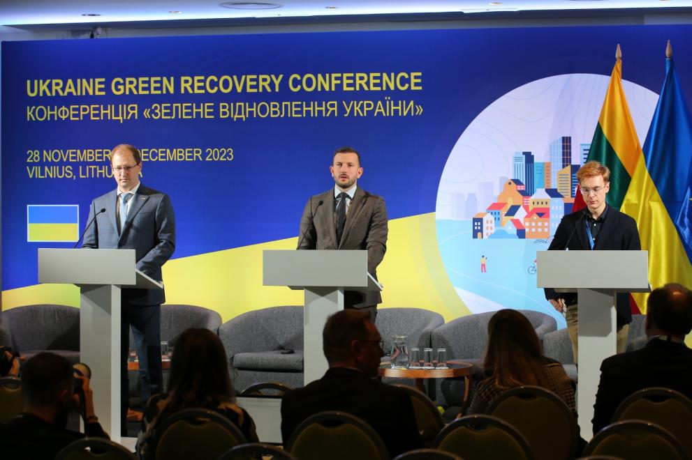 Green Recovery Conference 2023 showing the Press point by Virginijus Sinkevičius, EU Commissioner for Environment and Ruslan Strilets, Minister of Environmental Protection and Natural Resources of Ukraine on the podium