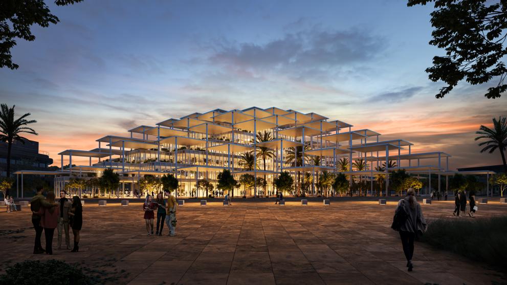 the proejct of the building for the Joint Research Centre site in Seville. A very modern building by night