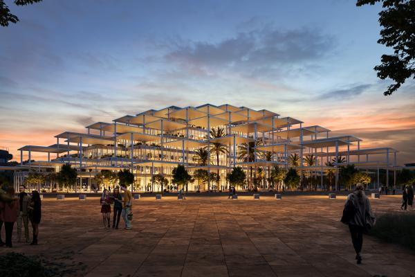 the proejct of the building for the Joint Research Centre site in Seville. A very modern building by night